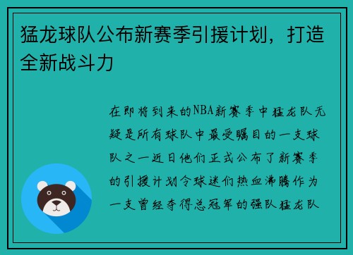 猛龙球队公布新赛季引援计划，打造全新战斗力