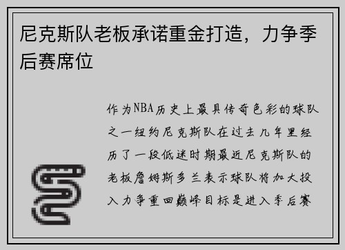尼克斯队老板承诺重金打造，力争季后赛席位