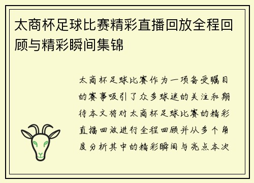 太商杯足球比赛精彩直播回放全程回顾与精彩瞬间集锦
